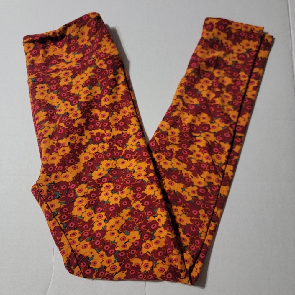 LuLaRoe One Size Maroon And Orange Floral Ankle‎ Leggings